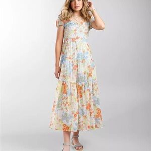 Billabong White Floral Maxi Dress with Orange & Blue Blooms